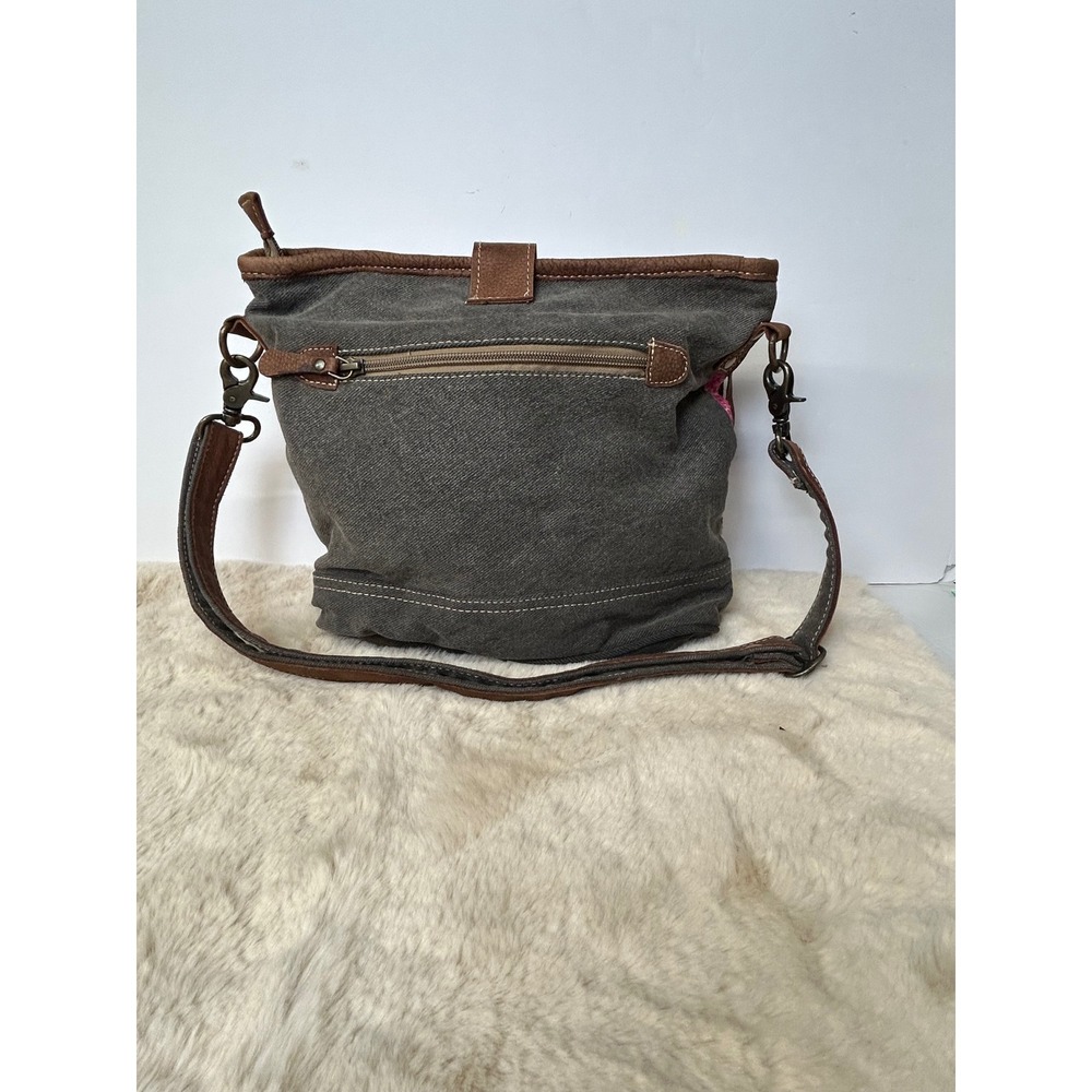Myra Bag Floral Rug Tapestry Canvas Leather Crossbody Bag Pink Gray Boho S-1294 - Picture 3 of 11
